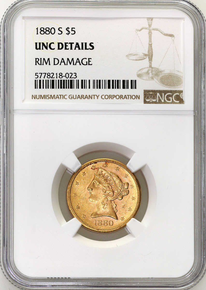 USA. 5 dolarów 1880 S, San Francisco NGC UNC - PIĘKNE